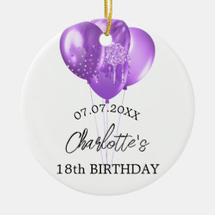 Décoration En Céramique Anniversaire blanc violet nom ballons