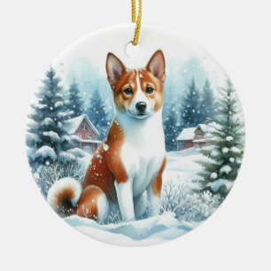 Décoration En Céramique Aquarelle Basenji hiver Wonderland Scène