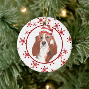 Décoration En Céramique Aquarelle Basset Hound Santa Hat Snowflake