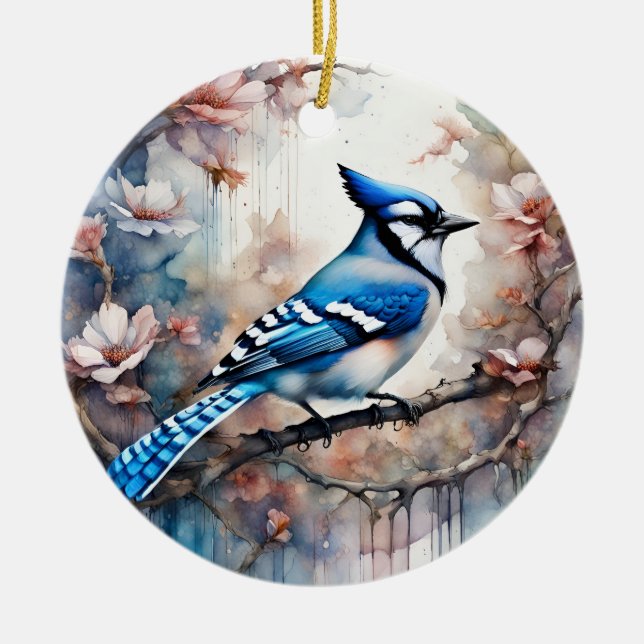 Décoration En Céramique Aquarelle bleu Jay Cherry Blossoms (Devant)