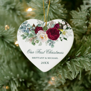 Décoration En Céramique Aquarelle Bourgogne Flore Vert Couple Coeur