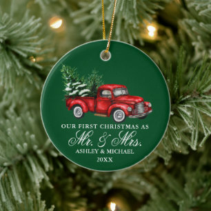 Décoration En Céramique Aquarelle Camion Vintage M. Mme Christmas Green