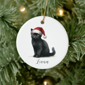 Décoration En Céramique Aquarelle Chat noir dans l'ornement du Père Noël