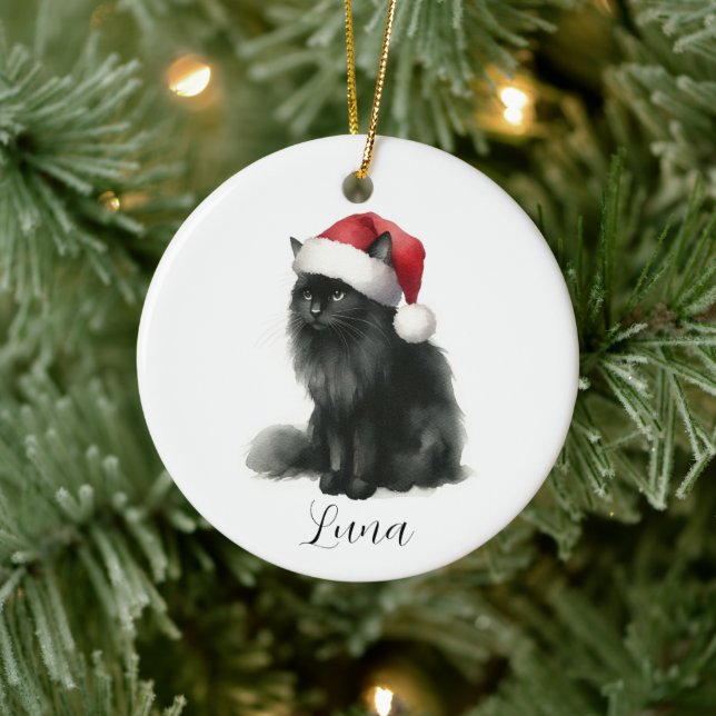 Décoration En Céramique Aquarelle Chat noir dans l'ornement du Père Noël (Arbre)