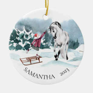 Décoration En Céramique Aquarelle Cheval neige hiver avec fille