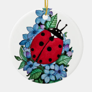 Décoration En Céramique Aquarelle Cute Ladybird Avec Fleurs Bleues Sauvage