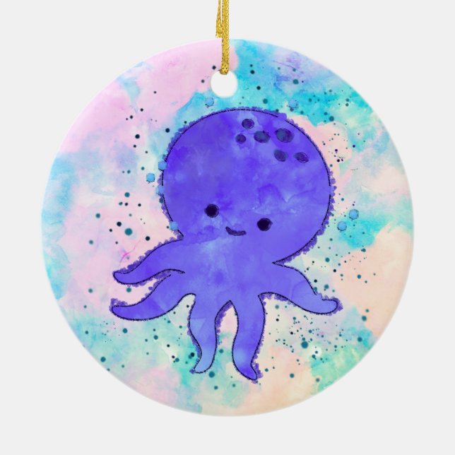 Décoration En Céramique Aquarelle de dessin bleu octopus (Dos)
