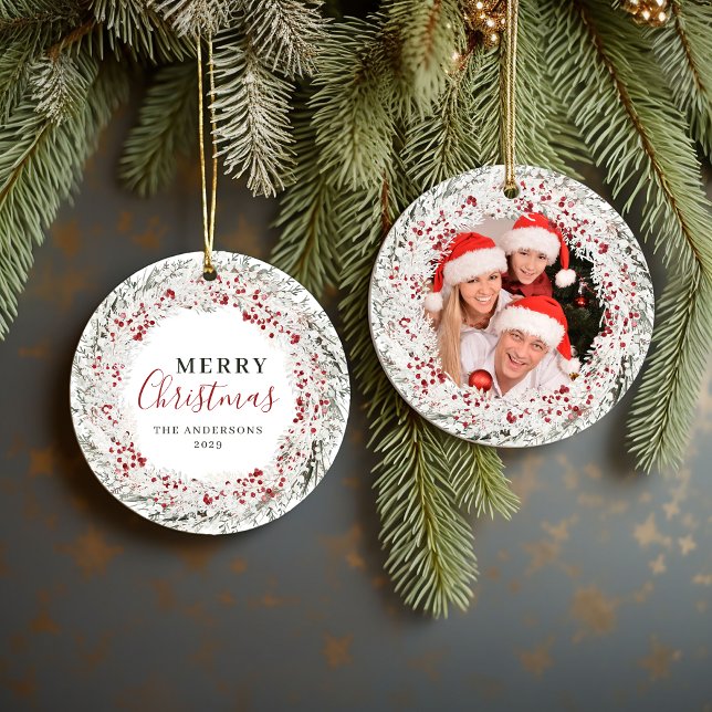 Décoration En Céramique Aquarelle de Noël (Christmas Watercolor Photo Wreath Ceramic Ornament)