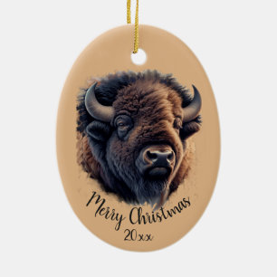 Décoration En Céramique Aquarelle de Noël personnalisée Bison Buffalo