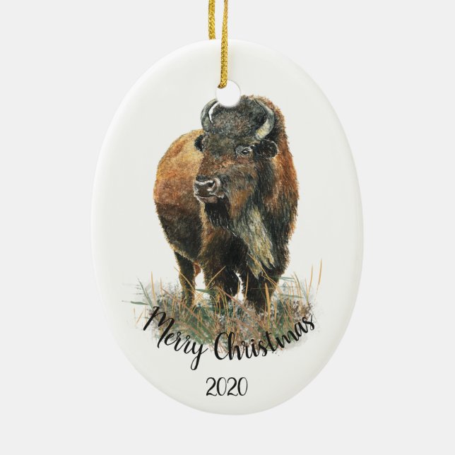 Décoration En Céramique Aquarelle de Noël personnalisée Bison Buffalo (Dos)