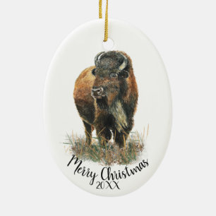 Décoration En Céramique Aquarelle de Noël personnalisée Bison Buffalo Ce