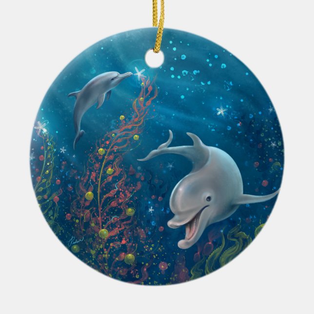 Décoration En Céramique Aquarelle Dolphin Paix et Joie Noël (Devant)