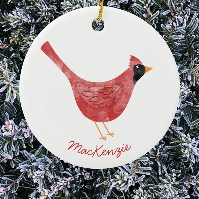 Décoration En Céramique Aquarelle Festive Cardinal Bird Personnalisée (Festive Cardinal bird watercolor red and white personalized Christmas Holiday ornament)