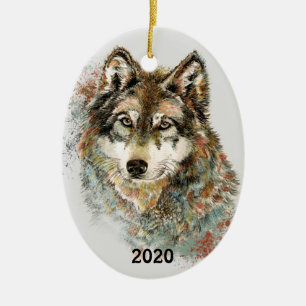 Décoration En Céramique Aquarelle Gris Loup Faune Animal Nature Art