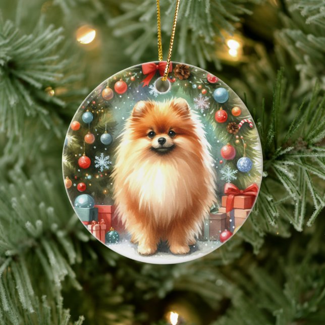 Décoration En Céramique Aquarelle mignonne Pomeranienne Noël festif (Arbre)