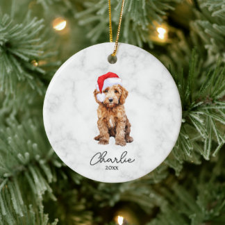 Décoration En Céramique Aquarelle Noël Fermette Goldendoodle Rouge