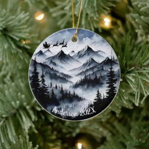 Décoration En Céramique Aquarelle personnalisée Père Noël sur les montagne