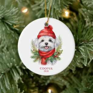 Décoration En Céramique Aquarelle photo de chien maltais de Noël