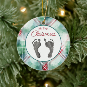 Décoration En Céramique Aquarelle Plaid First Christmas Your Baby's Feet
