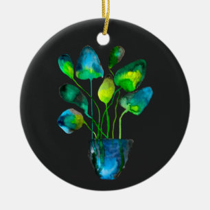 Décoration En Céramique Aquarelle plante art vert et bleu abstrait