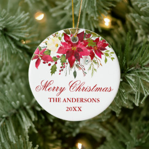 Décoration En Céramique Aquarelle Poinsettia Floral Personnalisé