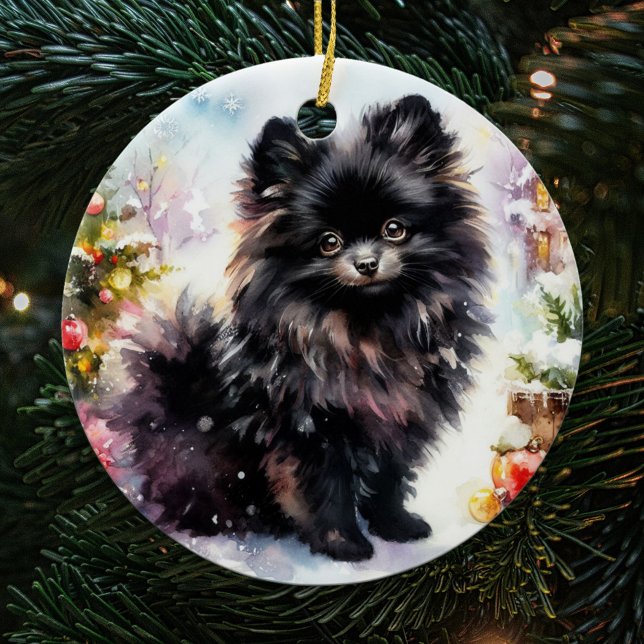 Décoration En Céramique Aquarelle poméranienne noire adorable Noël (Créateur téléchargé)