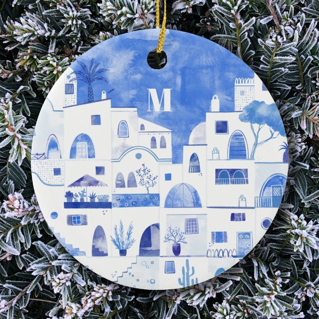 Décoration En Céramique Aquarelle Santorin Grèce Monogram (Monogram initial Santorini blue and white watercolor art ceramic ornament)