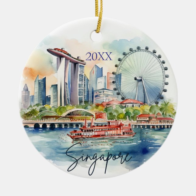 Décoration En Céramique Aquarelle Singapour Daté (Devant)