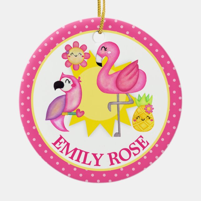 Décoration En Céramique Aquarelle Tropical Summer Flamant rose & Parrot (Devant)