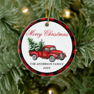 Décoration En Céramique Aquarelle Vintage Camion Rouge Plat Noël