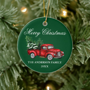 Décoration En Céramique Aquarelle Vintage Camion rouge Vert Noël