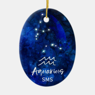 Décoration En Céramique Aquarius Zodiac Constellation Blue Galaxy Monogram