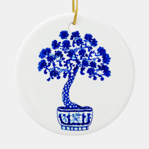 Décoration En Céramique Arbre bonsaï en bleu et blanc de Cobalt