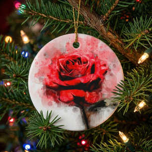 Décoration En Céramique Art aquarelle d'une rose rouge sur fond blanc