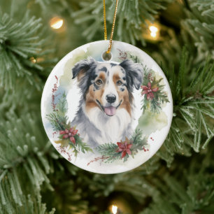 Décoration En Céramique Australian Shepherd Christmas Wreath Festive Pup