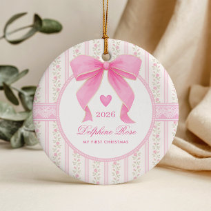 Décoration En Céramique Baby First 1er Noël Coquette Rose Ruban Roses