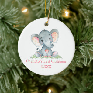 Décoration En Céramique Baby First Christmas Aquarelle rose Eléphant