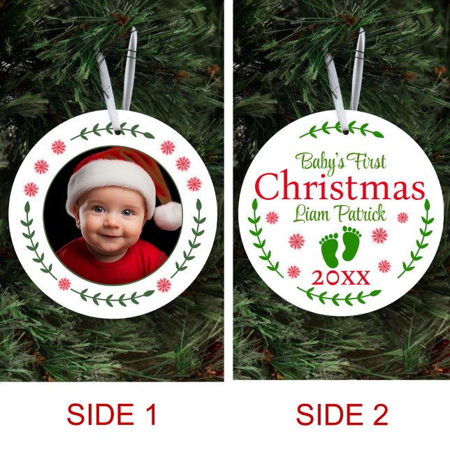Décoration En Céramique Baby First Christmas Photo Red Snowflake & Laurel (Créateur téléchargé)