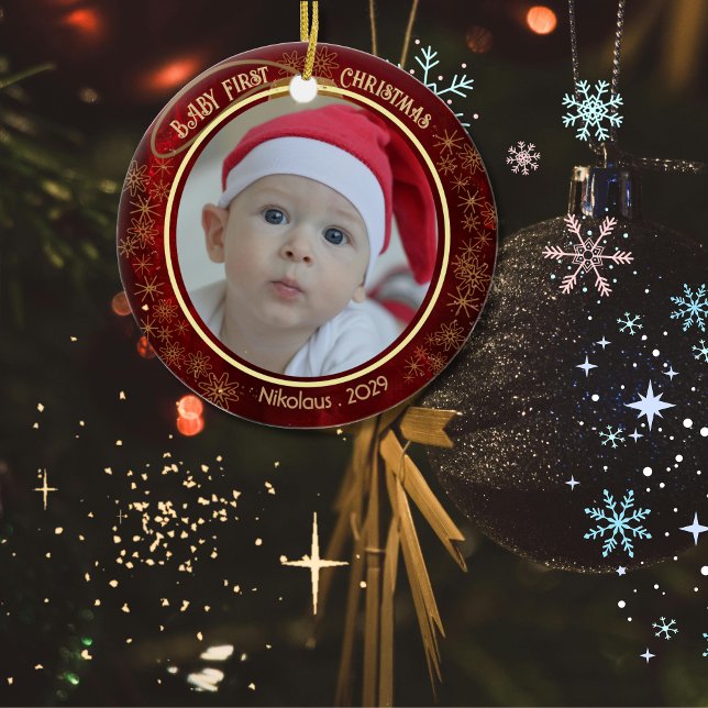 Décoration En Céramique Baby First Christmas Photo Rouge 2 face (Baby First Christmas Photo Red 2 sided Ceramic Ornament)