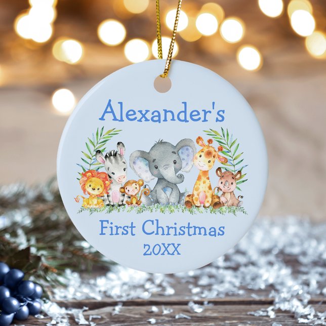 Décoration En Céramique Baby First Christmas Safari Animaux Bleu (Customize with name and year.)