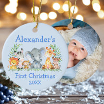 Baby First Christmas Safari Animaux Blue PHOTO