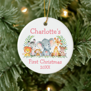 Décoration En Céramique Baby First Christmas Safari Animaux rose rond