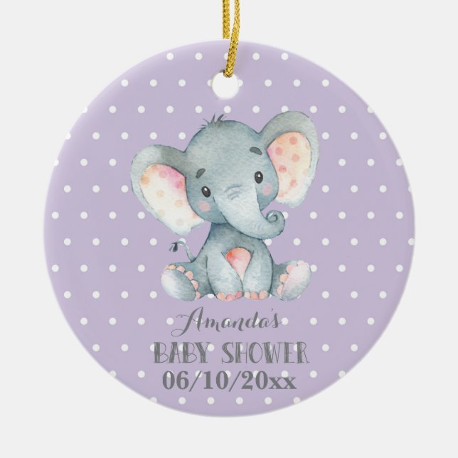 Décoration En Céramique Baby shower Eléphant fille violet et gris (Devant)