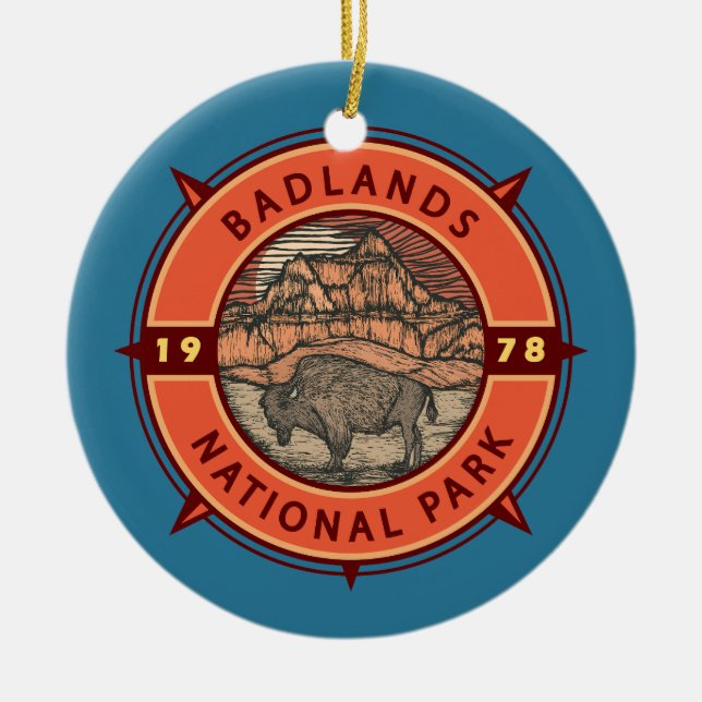Décoration En Céramique Badlands National Park Buffalo Retro Compass (Devant)