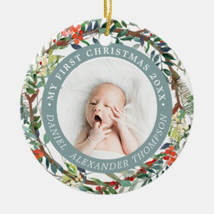 Décoration En Céramique Baies rouges Aiguille de pin Bébé 1er Noël
