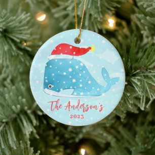 Décoration En Céramique Baleine d'aquarelle avec Santa Hat Noël côtier