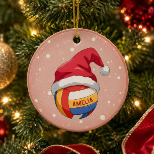 Décoration En Céramique Balle de volley avec nom de chapeau de Père Noël r