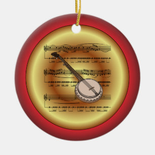 Décoration En Céramique Banjo ~ Sheet Music ~ Rouge/Vert/Or ~ Noël ~