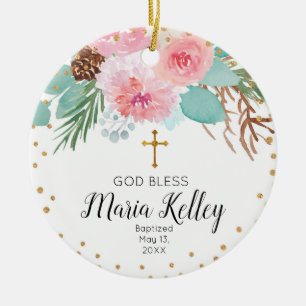 Décoration En Céramique Baptême de filles personnalisées en hiver rose