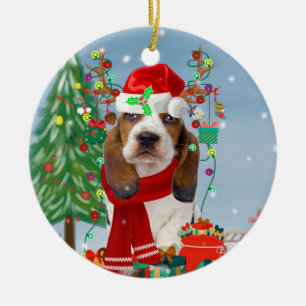 Décoration En Céramique Basset Hound Dog en neige avec cadeaux de Noël